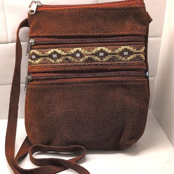 Brown Suede Crossbody Bag with Southwest Patterned Detail Hippie Boho Country - Picture 7 of 7
